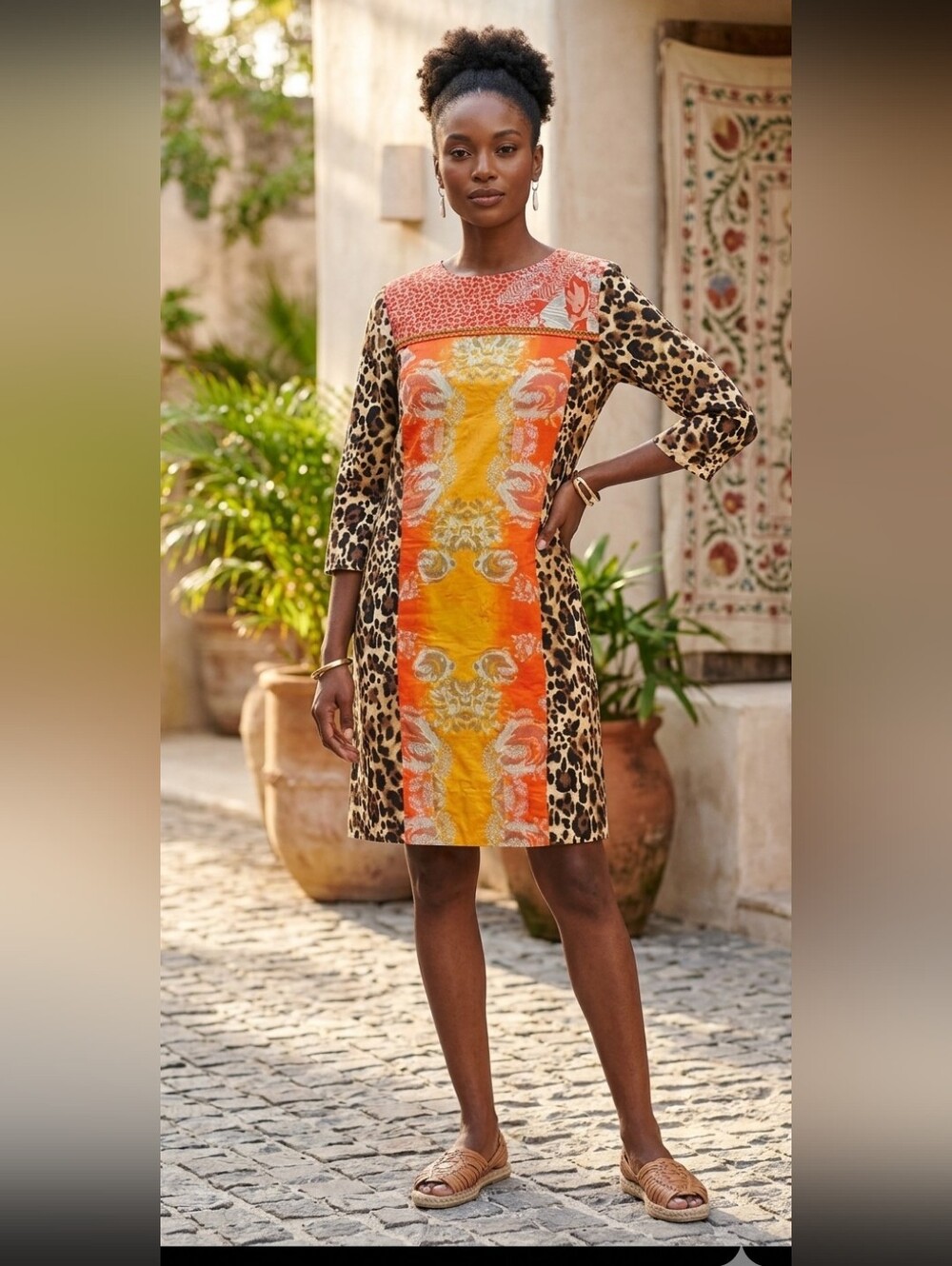 Uncle Frank Orange and Yellow Panel Leopard-Print Mini Dress